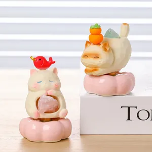 Cute lucky cat desktop decoration resin figurine with crystal stone for office desk study room decor