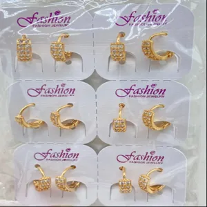 Wholesale gold plated cubic zirconia geometric hoop earrings set detailed view for daily fashion.