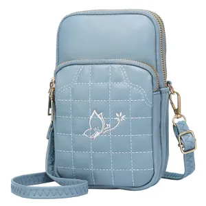 Light blue quilted crossbody phone bag for women multi-pocket vertical shoulder bag small purse