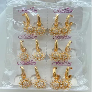 Gold plated crystal flower hoop earrings set detail view, elegant wholesale fashion jewelry.