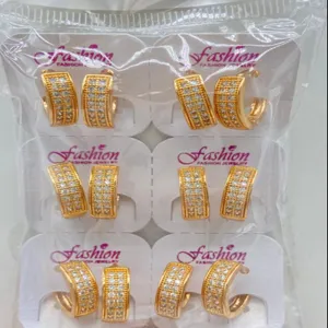 Wholesale gold plated wide hoop earrings set, sparkling cubic zirconia paved geometric jewelry.
