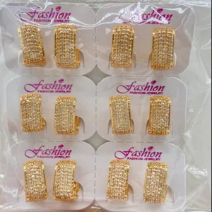 Gold plated pave cubic zirconia geometric hoop earrings wholesale pack detail display view