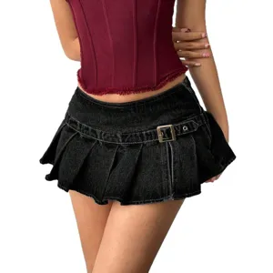 Sexy jupe mini plissée en denim taille basse style Y2K streetwear pour femmes filles