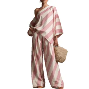 Chiktes gestreiftes One-Shoulder-Top und weite Hose Zweiteiler Set für Damen lässig