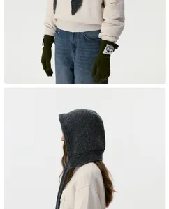 Knit hooded scarf and gloves set detail view, warm winter cozy knitted accessories for women.