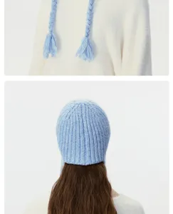 Women winter knitted ear flap hat with braided pigtail warm fleece beanie cozy casual