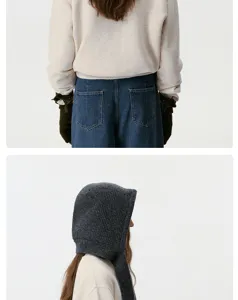Detail view of winter warm knit hooded scarf and gloves set, cozy Korean style design.