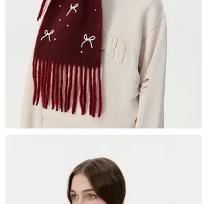 Damen Winter dunkelrot Fransen Schal elegante Perle Schleife Verzierung warme Wolle.