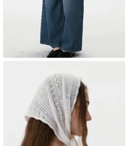 Detalles en primer plano del pañuelo triangular de encaje de punto y pantalones vaqueros.