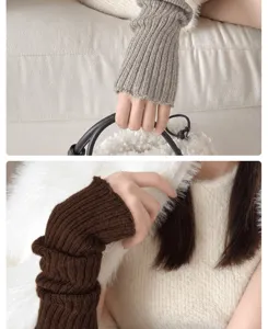 Cozy knit leg warmers detail shot, soft wool blend ribbed texture, stylish winter accessory.