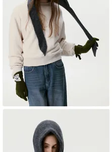 Korean style knitted hooded scarf for women, cozy winter warm integrated hat and scarf detail.