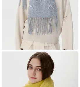 Damen Winter warmer Strickschal mit Perlen Schleife und Fransen Detail Ansicht fuer Alltag.
