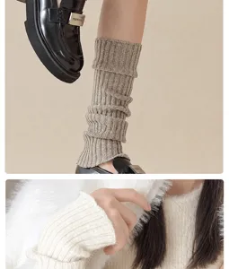 Detailed view of solid color wool blend knit leg warmers for women winter cozy ribbed style.