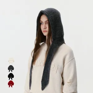 Women Knitted Hooded Scarf Integrated Hat Scarf Warm Ear Protection Wool Blend Solid Color Tie-strap Windproof Neck Warmer Hat