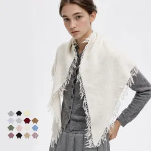 Dames Wolmix Driehoekige Sjaal Mode Franje Trim Grote Omslagdoek Herfst Winter Warm Effen Pashmina Sjaal Voor Dames