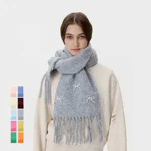 Eleganter Damen Wollmischung Schal Perlen Schleife Quasten Design Einfarbig Winter Warm Strickschal Langer Schal Für Alltag Date
