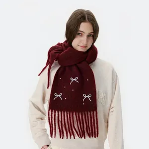 Damen Winter warmer Strickschal mit Perlen Schleife und Fransen, elegante einfarbige Halstuch.