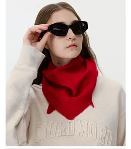 Red cashmere wool knit triangle scarf for women, cozy winter thermal solid color shawl.