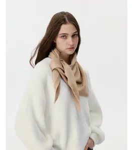Cashmere wool knit triangle scarf for women, cozy winter autumn warm solid color shawl wrap.