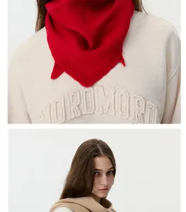 Red knit triangular scarf, soft cashmere wool blend, stylish autumn winter warm shawl.
