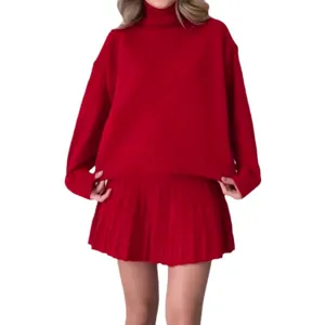 2024 Autumn Women Turtleneck Sweater Pleated Skirt Set Casual Long Sleeve Knitwear Outfit