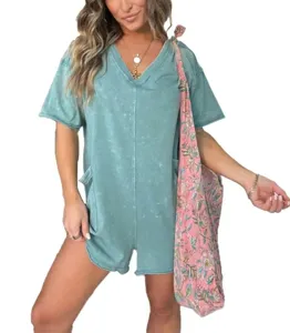 Women's V-Neck Casual Mineral Wash Short Sleeve Romper Plus Size Summer Fashion Jumpsuit
