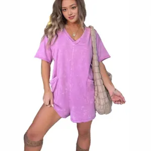 Women's V-Neck Casual Acid Wash Knit Romper Summer Short Jumpsuit with Side Pockets