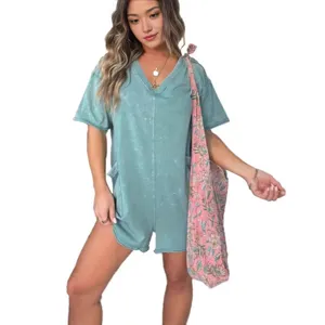 Women's V-Neck Casual Distressed Short Jumpsuit Romper with Floral Sling Bag Style