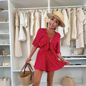 Women red polka dot front tie short romper summer casual chic fashion playsuit outfit