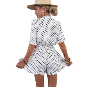 Women Summer Casual White Polka Dot Chiffon Romper Ruffle Sleeve Short Jumpsuit Chic