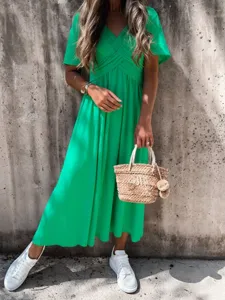 Women Summer V-Neck Short Sleeve Solid Casual Midi Dress Fashion Streetwear Outfit