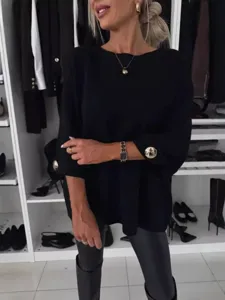 Maglione nero da donna in maglia collo tondo maniche medie top moda stile elegante