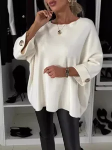 Comodo maglione casual da donna in tinta unita con scollo rotondo e mezze maniche.