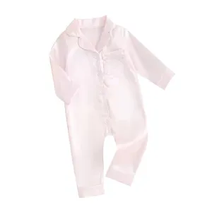 Pyjama barboteuse rose en satin pour bébé nouveau-né manches longues avec boutons charmant
