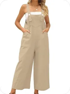 Donna tuta casual ampia in cotone e lino con tasche e bretelle regolabili vista principale