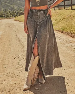 Bohemian distressed denim maxi skirt with front slit and buttons for women summer.