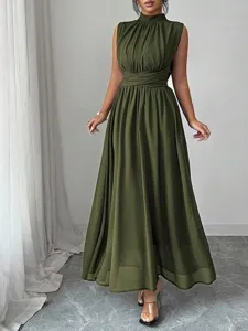 Abito lungo elegante estivo senza maniche arricciato verde oliva casual vacanza chic