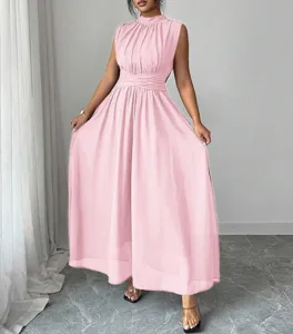 Elegante abito lungo estivo rosa senza maniche da donna, stile resort chic nuovo ora.