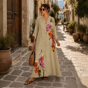 Abito maxi lungo boho con stampa floreale, maniche lunghe e colletto a camicia da donna.