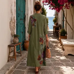 Abito lungo camicia boho floreale vintage donna, vestito maxi verde oliva con bottoni casual.