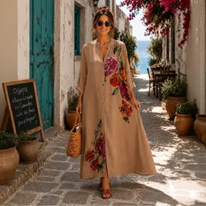 Abito lungo camicia boho con stampa floreale da donna, maxi vestito vintage bottoni.