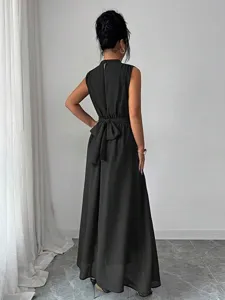 Elegante abito lungo nero senza maniche da donna, vestito estivo chic stile vacanza