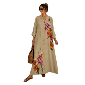Abito lungo maxi bohemien vintage da donna, stampa floreale elegante e bottoni.