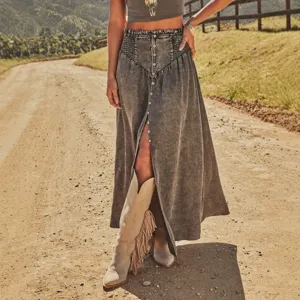 Women bohemian acid wash denim maxi skirt high waist front split long denim skirts