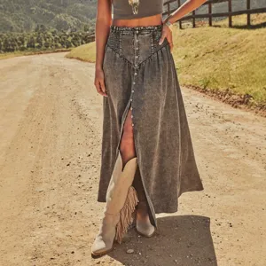 Women vintage washed grey denim long skirt high waist front button maxi skirt casual