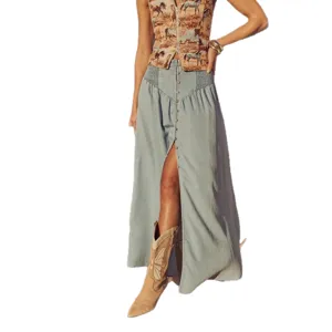 Bohemian A-line denim maxi skirt for women, casual high waist front button long skirt summer