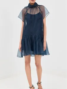 Dark blue high neck chiffon mini dress with sheer overlay and ruffled hem for summer.