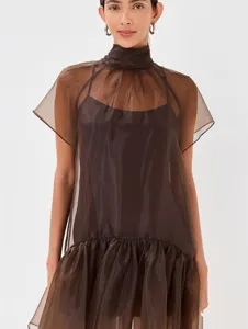 Brown sheer high neck chiffon short dress detail, elegant summer women fashion style.