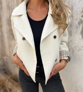 Women White Double Breasted Woolen Short Coat Details With Plaid Cuffs Winter Wear