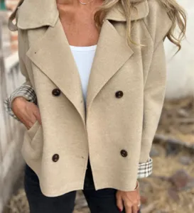Women stylish lapel double-breasted woolen short jacket detail view winter fashion top